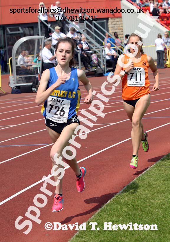 Eventual winner Lydia Turner (Birtley) leads Cloe Price (Durham City) in the under-20 womens 1500 metres North Eastern Championships, Gateshead International Stadium.  Photos: David T. Hewitson/Sports for All Pics